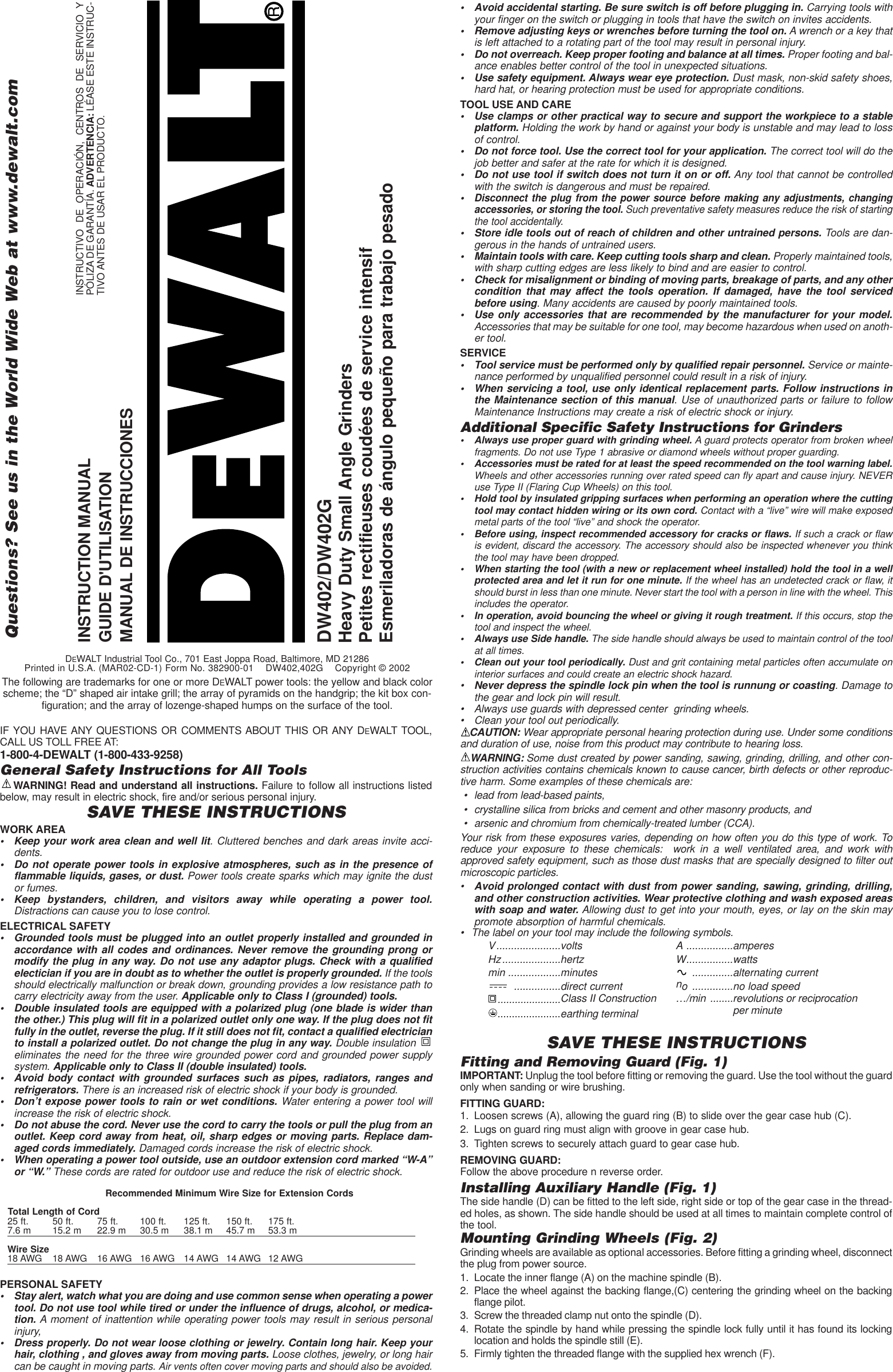 Dewalt Dw402g Instruction Manual Dw402 382900 01