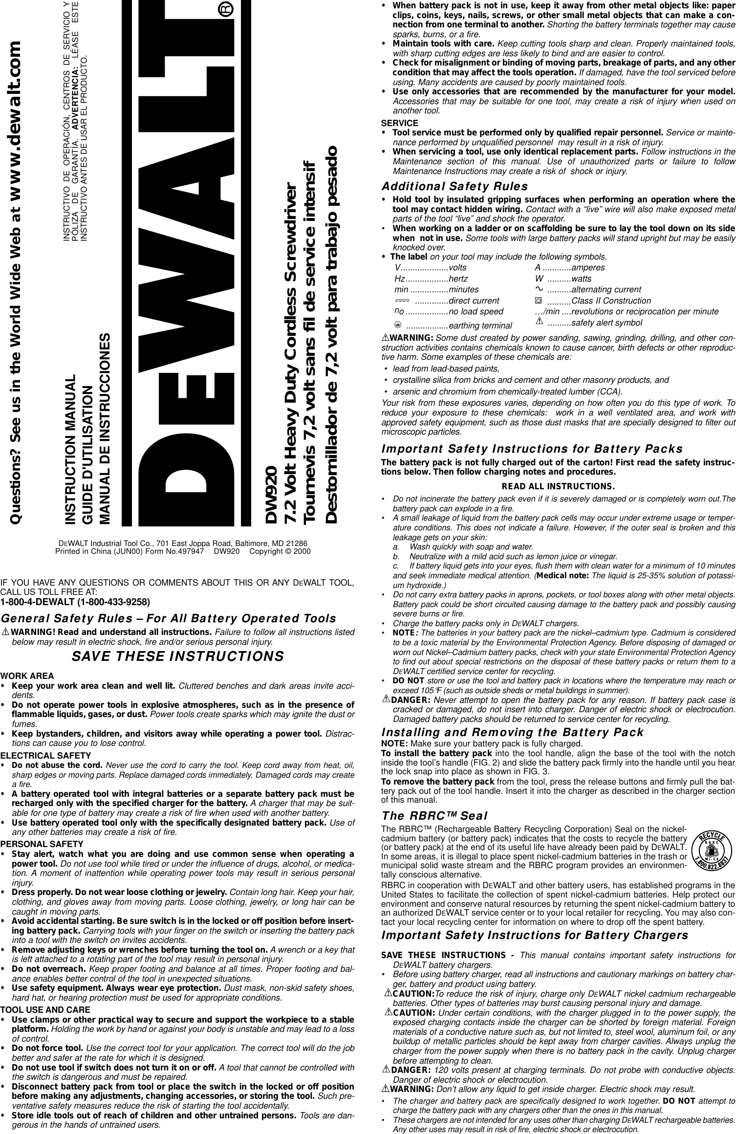 Page 1 of 7 - Dewalt Dewalt-Dw920-Instruction-Manual- DW920/497947  Dewalt-dw920-instruction-manual