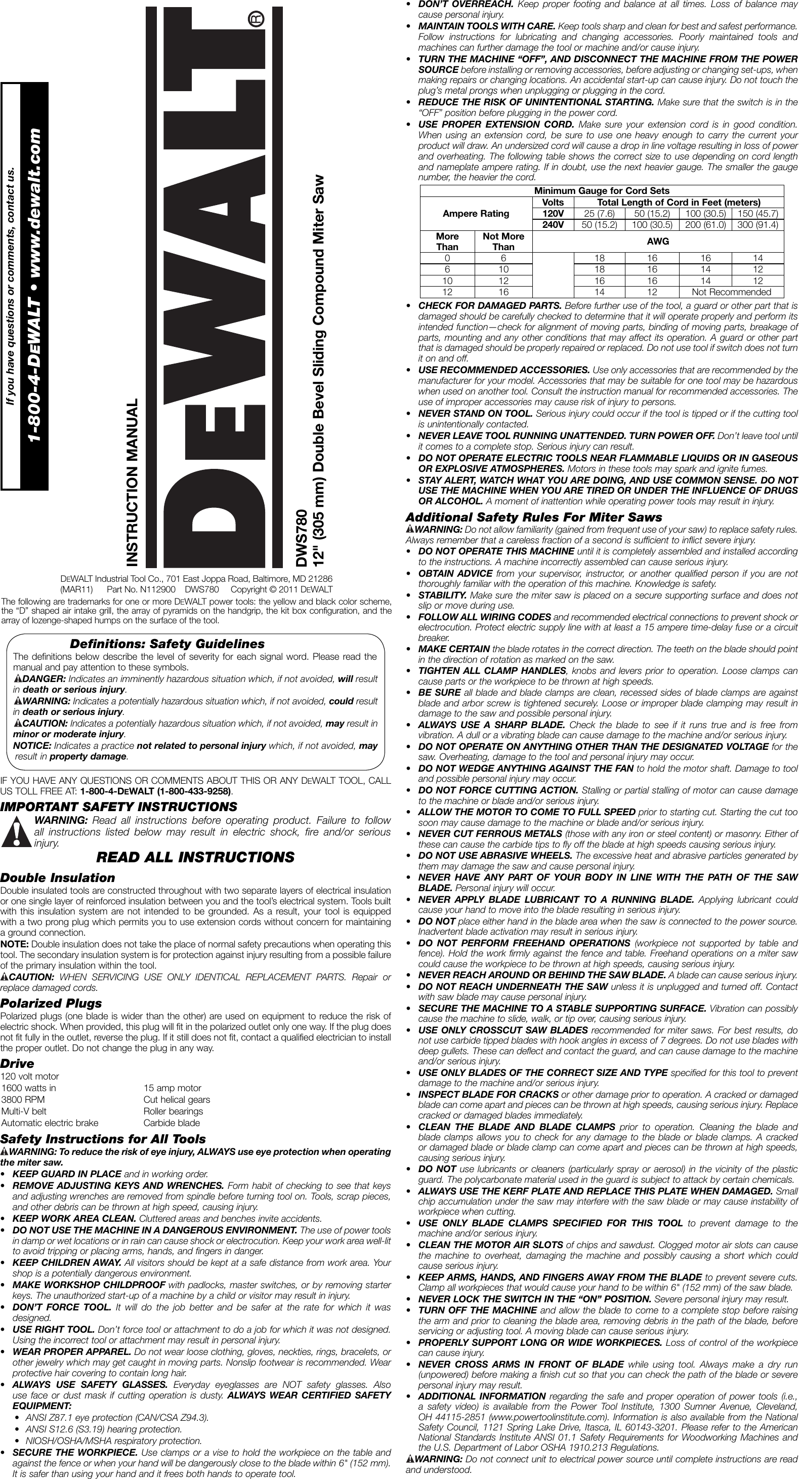 Page 1 of 7 - Dewalt Dewalt-Dws780-Users-Manual- N112900 Man Miter Saw DWS780 Eng NA  Dewalt-dws780-users-manual