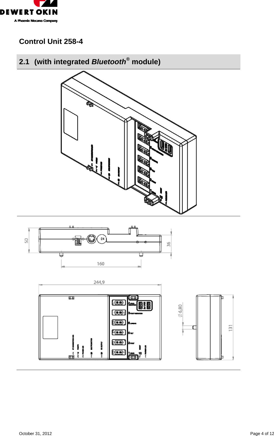    October 31, 2012    Page 4 of 12 Control Unit 258-4  2.1 (with integrated Bluetooth® module)      