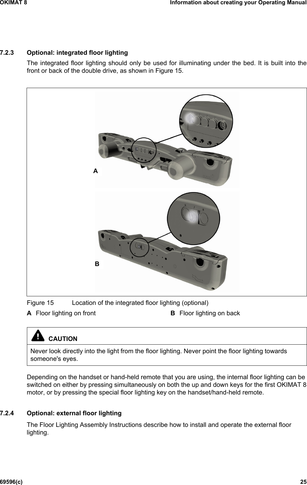 OKIMAT 8 Information about creating your Operating Manual 69596(c) 25 7.2.3 Optional: integrated floor lighting The integrated floor lighting should only be used for illuminating under the bed. It is built into the front or back of the double drive, as shown in Figure 15.    Figure 15 Location of the integrated floor lighting (optional) A Floor lighting on front B Floor lighting on back   CAUTION Never look directly into the light from the floor lighting. Never point the floor lighting towards someone&apos;s eyes.  Depending on the handset or hand-held remote that you are using, the internal floor lighting can be switched on either by pressing simultaneously on both the up and down keys for the first OKIMAT 8 motor, or by pressing the special floor lighting key on the handset/hand-held remote.  7.2.4 Optional: external floor lighting The Floor Lighting Assembly Instructions describe how to install and operate the external floor lighting. A B 