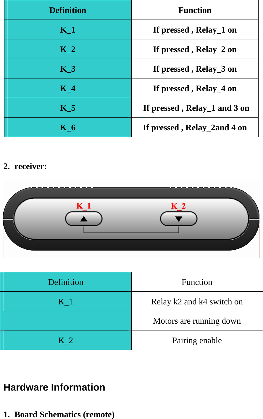 Definition Function K_1  If pressed , Relay_1 on K_2  If pressed , Relay_2 on K_3  If pressed , Relay_3 on K_4  If pressed , Relay_4 on K_5  If pressed , Relay_1 and 3 on K_6  If pressed , Relay_2and 4 on  2. receiver:   Definition Function K_1  Relay k2 and k4 switch on Motors are running down K_2 Pairing enable  Hardware Information 1. Board Schematics (remote) 