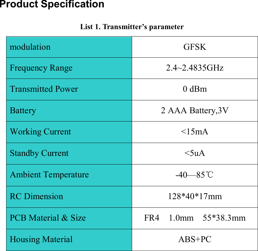   Product Specification List 1. Transmitter’s parameter modulation  GFSK Frequency Range  2.4~2.4835GHz Transmitted Power  0 dBm Battery  2 AAA Battery,3V Working Current  &lt;15mA Standby Current  &lt;5uA Ambient Temperature  -40—85℃ RC Dimension  128*40*17mm PCB Material &amp; Size  FR4    1.0mm    55*38.3mm Housing Material  ABS+PC 