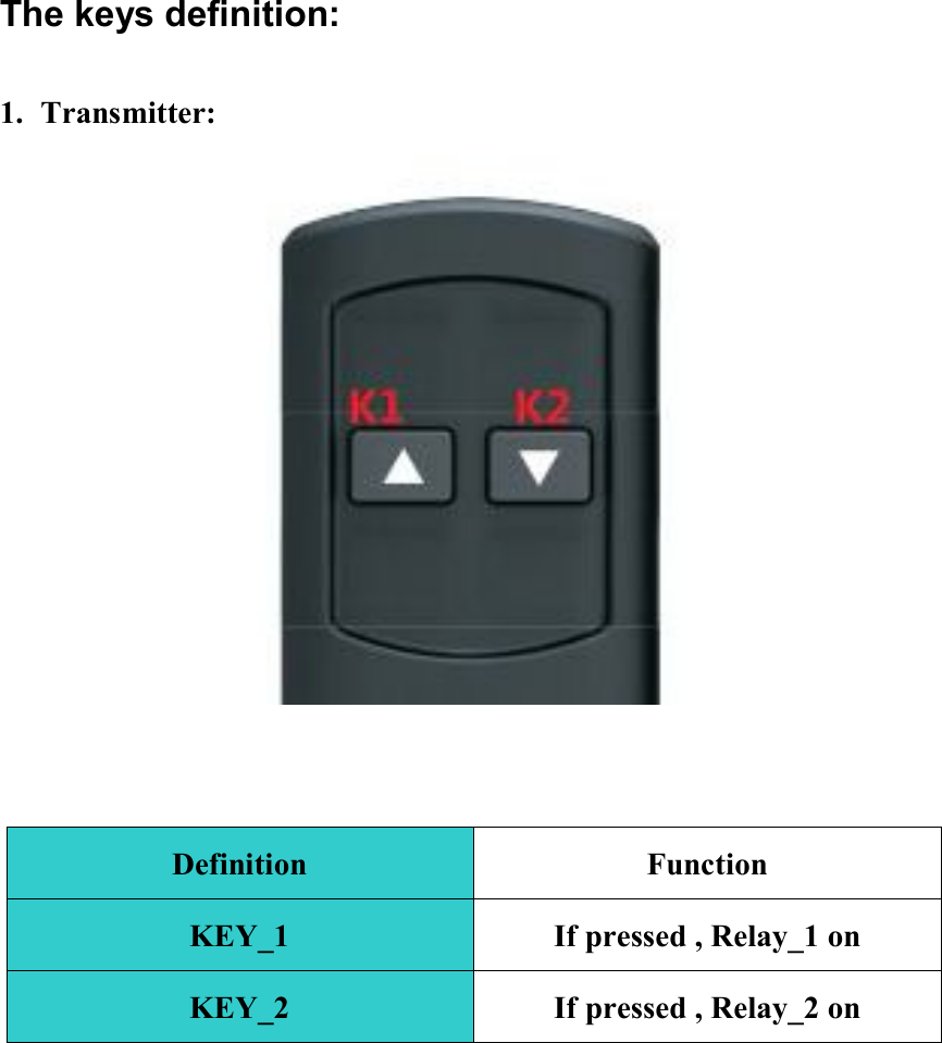 The keys definition: 1. Transmitter:   Definition  Function KEY_1  If pressed , Relay_1 on KEY_2  If pressed , Relay_2 on  