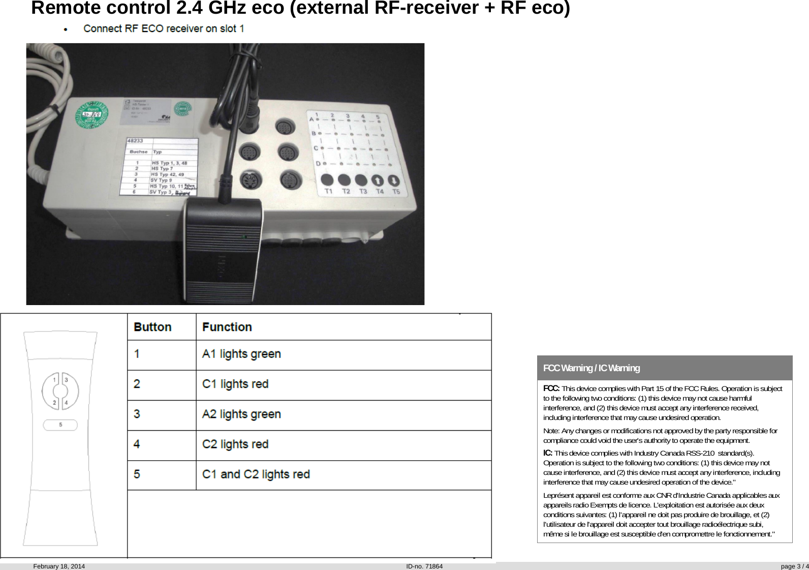 Remote control 2.4 GHz eco (external RF-receiver + RF eco)February 18, 2014  ID-no. 71864 page 3 / 4    FCC Warning / IC Warning FCC: This device complies with Part 15 of the FCC Rules. Operation is subject to the following two conditions: (1) this device may not cause harmful interference, and (2) this device must accept any interference received, including interference that may cause undesired operation. Note: Any changes or modifications not approved by the party responsible for compliance could void the user&apos;s authority to operate the equipment. IC: This device complies with Industry Canada RSS-210  standard(s). Operation is subject to the following two conditions: (1) this device may not cause interference, and (2) this device must accept any interference, including interference that may cause undesired operation of the device.&quot; Leprésent appareil est conforme aux CNR d&apos;Industrie Canada applicables aux appareils radio Exempts de licence. L&apos;exploitation est autorisée aux deux conditions suivantes: (1) l&apos;appareil ne doit pas produire de brouillage, et (2) l&apos;utilisateur de l&apos;appareil doit accepter tout brouillage radioélectrique subi, même si le brouillage est susceptible d&apos;en compromettre le fonctionnement.&quot;  
