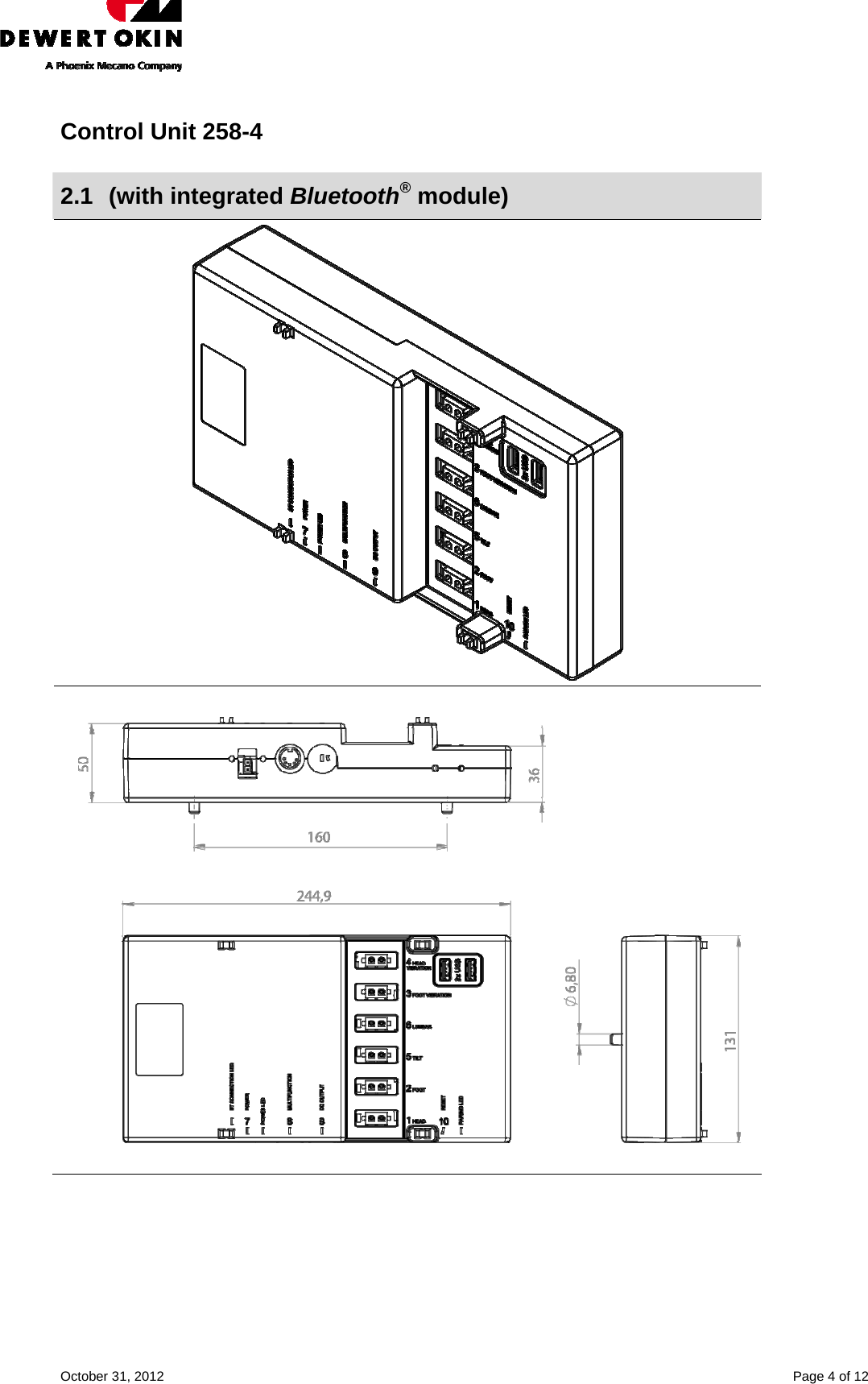    October 31, 2012    Page 4 of 12 Control Unit 258-4  2.1 (with integrated Bluetooth® module)      