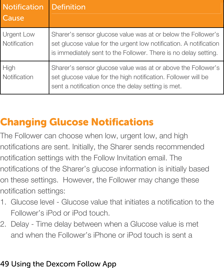   Notification Cause  Definition Urgent Low  Notification Sharer’s sensor glucose value was at or below the Follower’s set glucose value for the urgent low notification. A notification is immediately sent to the Follower. There is no delay setting. High  Notification Sharer’s sensor glucose value was at or above the Follower’s set glucose value for the high notification. Follower will be sent a notification once the delay setting is met.   Changing Glucose Notifications The Follower can choose when low, urgent low, and high notifications are sent. Initially, the Sharer sends recommended notification settings with the Follow Invitation email. The notifications of the Sharer’s glucose information is initially based on these settings.  However, the Follower may change these notification settings: 1.  Glucose level - Glucose value that initiates a notification to the       Follower’s iPod or iPod touch. 2.  Delay - Time delay between when a Glucose value is met       and when the Follower’s iPhone or iPod touch is sent a    49 Using the Dexcom Follow App   