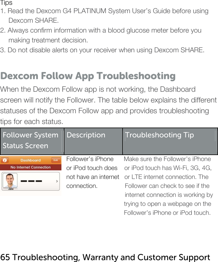   Tips 1. Read the Dexcom G4 PLATINUM System User’s Guide before using Dexcom SHARE. 2. Always confirm information with a blood glucose meter before you making treatment decision. 3. Do not disable alerts on your receiver when using Dexcom SHARE.  Dexcom Follow App Troubleshooting When the Dexcom Follow app is not working, the Dashboard screen will notify the Follower. The table below explains the different statuses of the Dexcom Follow app and provides troubleshooting tips for each status. Follower System Status Screen Description Troubleshooting TipFollower’s iPhone      Make sure the Follower’s iPhone or iPod touch does    or iPod touch has Wi-Fi, 3G, 4G,  not have an internet   or LTE internet connection. The connection.          Follower can check to see if the              internet connection is working by        trying to open a webpage on the        Follower’s iPhone or iPod touch.     65 Troubleshooting, Warranty and Customer Support   