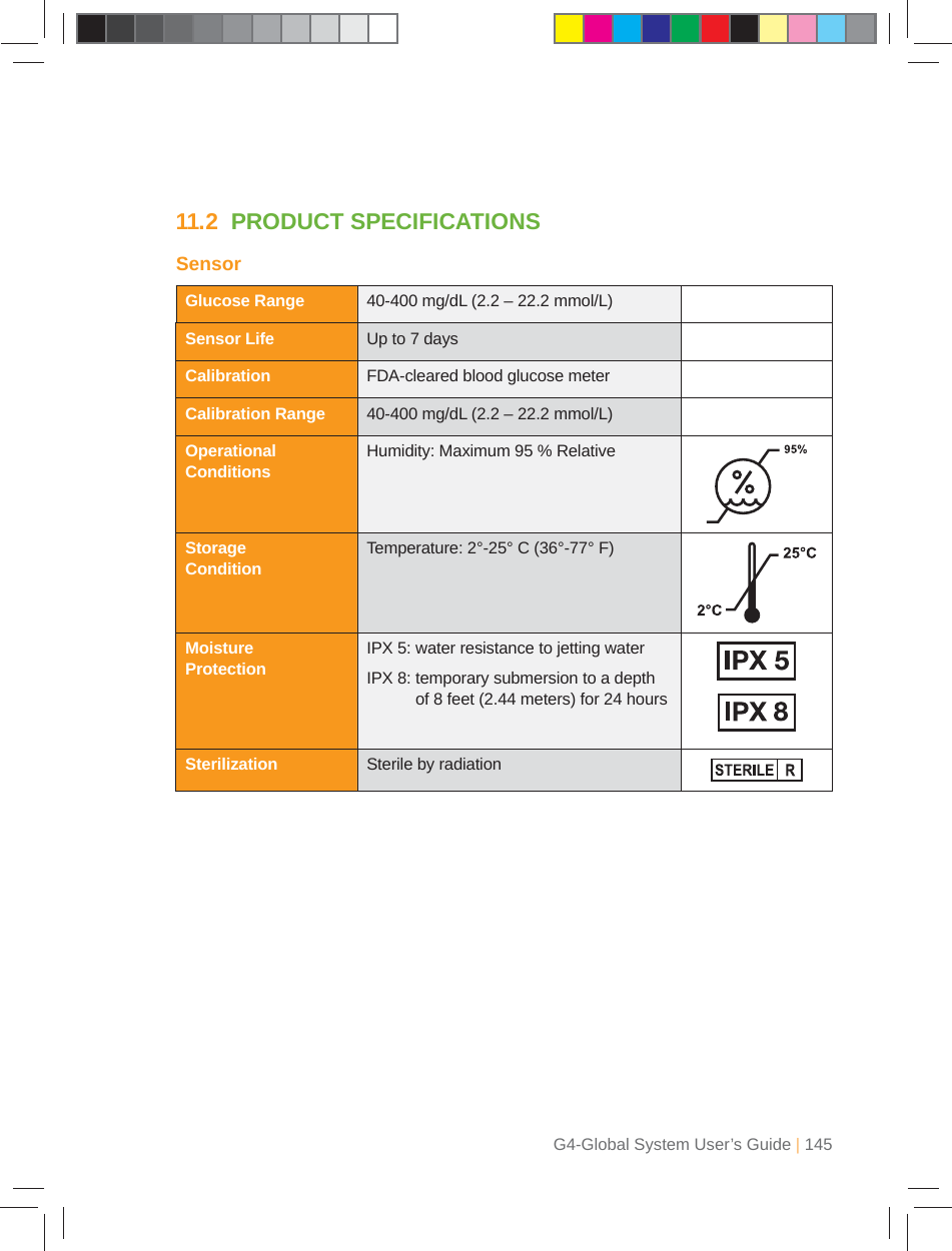 G4-Global System User’s Guide | 14511.2  PRODUCT SPECIFICATIONSSensorGlucose Range 40-400 mg/dL (2.2 – 22.2 mmol/L)Sensor Life Up to 7 daysCalibration FDA-cleared blood glucose meterCalibration Range 40-400 mg/dL (2.2 – 22.2 mmol/L)Operational Conditions Humidity: Maximum 95 % Relative Storage Condition Temperature: 2°-25° C (36°-77° F) Moisture Protection IPX 5: water resistance to jetting waterIPX 8:  temporary submersion to a depth of 8 feet (2.44 meters) for 24 hoursSterilization Sterile by radiation