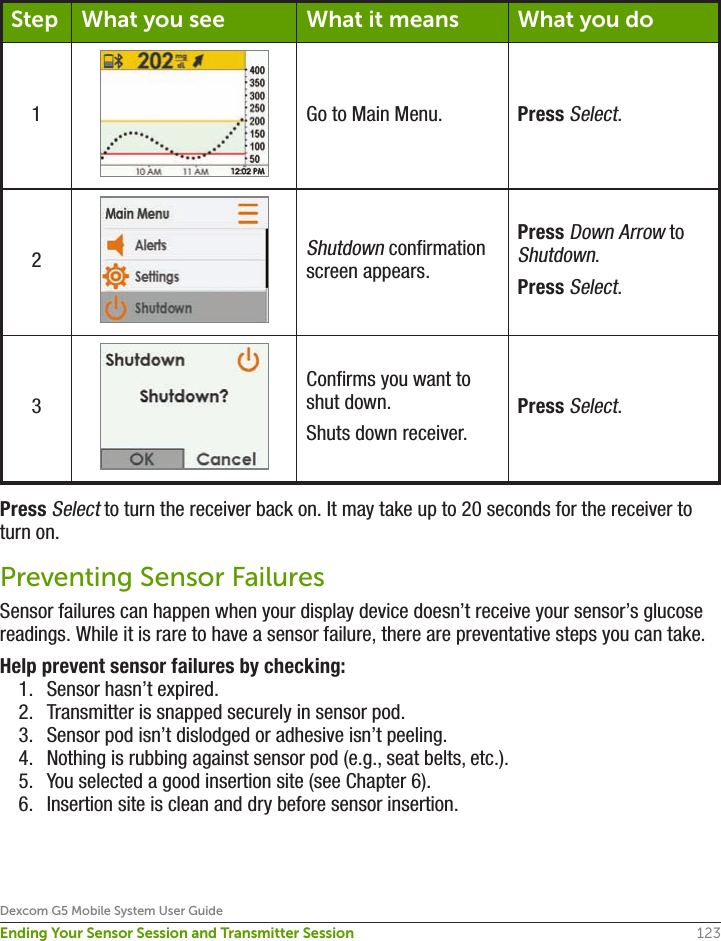 123Dexcom G5 Mobile System User GuideEnding Your Sensor Session and Transmitter SessionStep What you see What it means What you do1 Go to Main Menu. Press Select.2Shutdown confirmation screen appears.Press Down Arrow to Shutdown.Press Select.3Confirms you want to shut down.Shuts down receiver.Press Select.Press Select to turn the receiver back on. It may take up to 20 seconds for the receiver to turn on.Preventing Sensor FailuresSensor failures can happen when your display device doesn’t receive your sensor’s glucose readings. While it is rare to have a sensor failure, there are preventative steps you can take. Help prevent sensor failures by checking:1.  Sensor hasn’t expired.2.  Transmitter is snapped securely in sensor pod.3.  Sensor pod isn’t dislodged or adhesive isn’t peeling.4.  Nothing is rubbing against sensor pod (e.g., seat belts, etc.).5.  You selected a good insertion site (see Chapter 6).6.  Insertion site is clean and dry before sensor insertion.