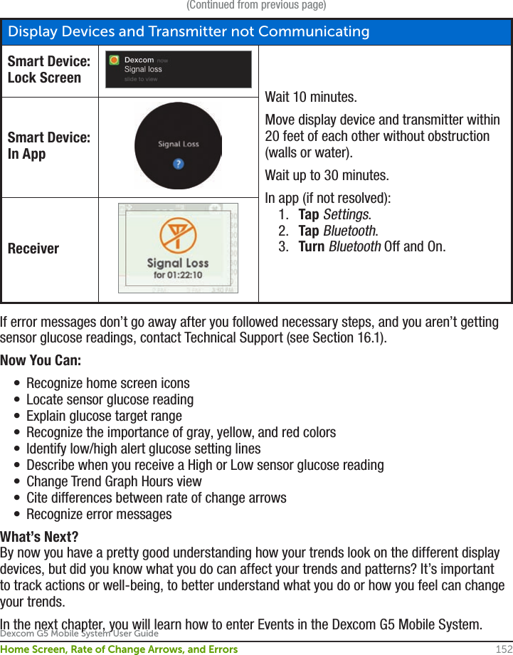 Dexcom G5 Mobile System User Guide152Home Screen, Rate of Change Arrows, and Errors(Continued from previous page)Display Devices and Transmitter not CommunicatingSmart Device: Lock ScreenWait 10 minutes.Move display device and transmitter within 20 feet of each other without obstruction (walls or water).Wait up to 30 minutes.In app (if not resolved):1.  Tap Settings.2.  Tap Bluetooth.3.  Turn Bluetooth Off and On.Smart Device: In AppReceiverIf error messages don’t go away after you followed necessary steps, and you aren’t getting sensor glucose readings, contact Technical Support (see Section 16.1).Now You Can:•  Recognize home screen icons•  Locate sensor glucose reading•  Explain glucose target range•  Recognize the importance of gray, yellow, and red colors•  Identify low/high alert glucose setting lines•  Describe when you receive a High or Low sensor glucose reading•  Change Trend Graph Hours view •  Cite differences between rate of change arrows•  Recognize error messagesWhat’s Next?By now you have a pretty good understanding how your trends look on the different display devices, but did you know what you do can affect your trends and patterns? It’s important to track actions or well-being, to better understand what you do or how you feel can change your trends. In the next chapter, you will learn how to enter Events in the Dexcom G5 Mobile System.