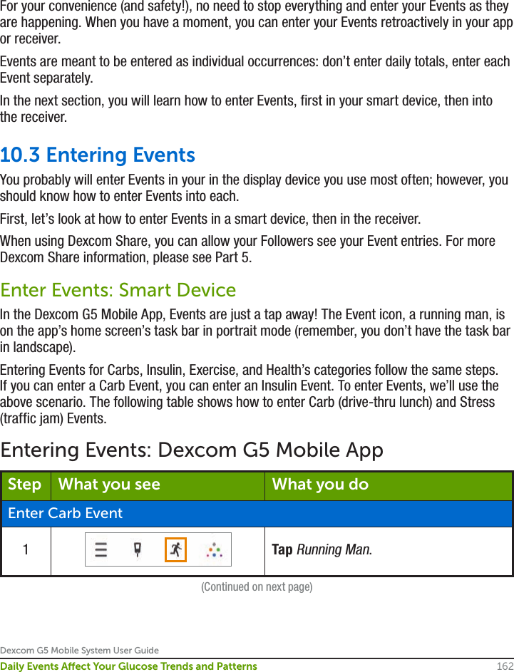 Dexcom G5 Mobile System User Guide162Daily Events Aect Your Glucose Trends and PatternsFor your convenience (and safety!), no need to stop everything and enter your Events as they are happening. When you have a moment, you can enter your Events retroactively in your app or receiver. Events are meant to be entered as individual occurrences: don’t enter daily totals, enter each Event separately.In the next section, you will learn how to enter Events, first in your smart device, then into the receiver.10.3 Entering EventsYou probably will enter Events in your in the display device you use most often; however, you should know how to enter Events into each.First, let’s look at how to enter Events in a smart device, then in the receiver. When using Dexcom Share, you can allow your Followers see your Event entries. For more Dexcom Share information, please see Part 5.Enter Events: Smart DeviceIn the Dexcom G5 Mobile App, Events are just a tap away! The Event icon, a running man, is on the app’s home screen’s task bar in portrait mode (remember, you don’t have the task bar in landscape).Entering Events for Carbs, Insulin, Exercise, and Health’s categories follow the same steps. If you can enter a Carb Event, you can enter an Insulin Event. To enter Events, we’ll use the above scenario. The following table shows how to enter Carb (drive-thru lunch) and Stress (traffic jam) Events. Entering Events: Dexcom G5 Mobile AppStep What you see What you doEnter Carb Event1Tap Running Man.(Continued on next page)