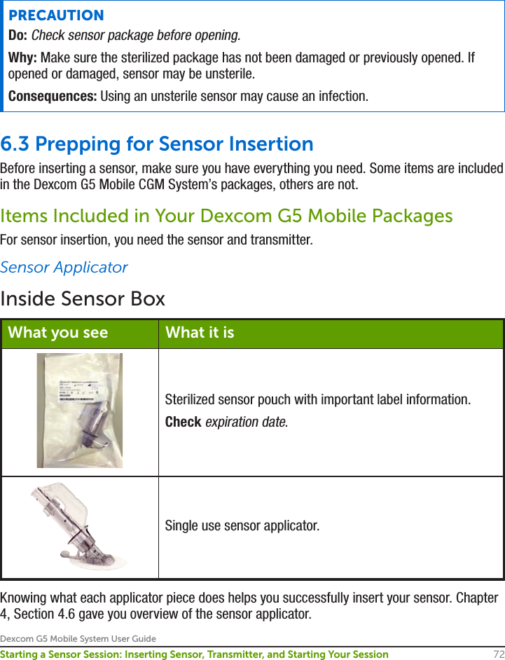 Dexcom G5 Mobile System User Guide72Starting a Sensor Session: Inserting Sensor, Transmitter, and Starting Your SessionPRECAUTIONDo: Check sensor package before opening.Why: Make sure the sterilized package has not been damaged or previously opened. If opened or damaged, sensor may be unsterile. Consequences: Using an unsterile sensor may cause an infection.6.3 Prepping for Sensor InsertionBefore inserting a sensor, make sure you have everything you need. Some items are included in the Dexcom G5 Mobile CGM System’s packages, others are not. Items Included in Your Dexcom G5 Mobile PackagesFor sensor insertion, you need the sensor and transmitter.Sensor ApplicatorInside Sensor BoxWhat you see What it isSterilized sensor pouch with important label information.Check expiration date.Single use sensor applicator.Knowing what each applicator piece does helps you successfully insert your sensor. Chapter 4, Section 4.6 gave you overview of the sensor applicator.