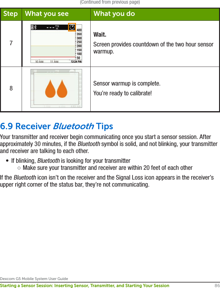 Dexcom G5 Mobile System User Guide86Starting a Sensor Session: Inserting Sensor, Transmitter, and Starting Your Session(Continued from previous page)Step What you see What you do7Wait.Screen provides countdown of the two hour sensor warmup.8Sensor warmup is complete.You’re ready to calibrate!6.9 Receiver Bluetooth TipsYour transmitter and receiver begin communicating once you start a sensor session. After approximately 30 minutes, if the Bluetooth symbol is solid, and not blinking, your transmitter and receiver are talking to each other.•  If blinking, Bluetooth is looking for your transmitter ○Make sure your transmitter and receiver are within 20 feet of each otherIf the Bluetooth icon isn’t on the receiver and the Signal Loss icon appears in the receiver’s upper right corner of the status bar, they’re not communicating.
