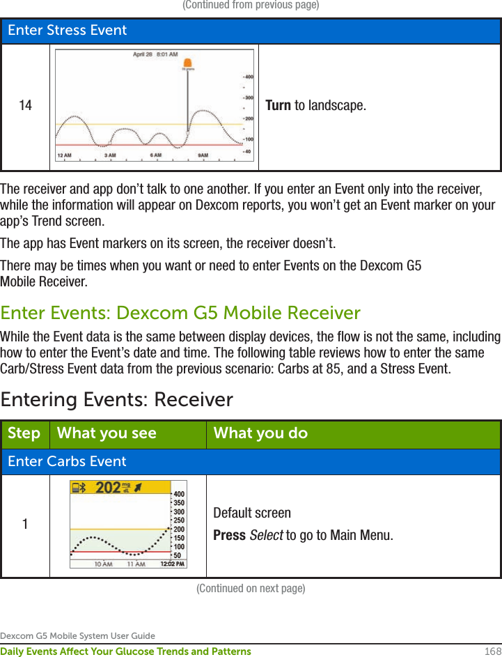 Dexcom G5 Mobile System User Guide168Daily Events Aect Your Glucose Trends and Patterns(Continued from previous page)Enter Stress Event14 Turn to landscape.The receiver and app don’t talk to one another. If you enter an Event only into the receiver, while the information will appear on Dexcom reports, you won’t get an Event marker on your app’s Trend screen.The app has Event markers on its screen, the receiver doesn’t.There may be times when you want or need to enter Events on the Dexcom G5 Mobile Receiver.Enter Events: Dexcom G5 Mobile ReceiverWhile the Event data is the same between display devices, the flow is not the same, including how to enter the Event’s date and time. The following table reviews how to enter the same Carb/Stress Event data from the previous scenario: Carbs at 85, and a Stress Event.Entering Events: ReceiverStep What you see What you doEnter Carbs Event1Default screenPress Select to go to Main Menu.(Continued on next page)