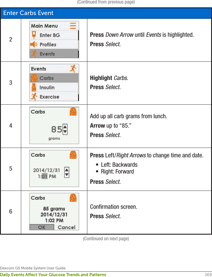 169Dexcom G5 Mobile System User GuideDaily Events Aect Your Glucose Trends and Patterns(Continued from previous page)Enter Carbs Event2Press Down Arrow until Events is highlighted.Press Select.3Highlight Carbs.Press Select.4Add up all carb grams from lunch.Arrow up to “85.”Press Select.5Press Left/Right Arrows to change time and date.•  Left: Backwards•  Right: ForwardPress Select.6Confirmation screen.Press Select.(Continued on next page)