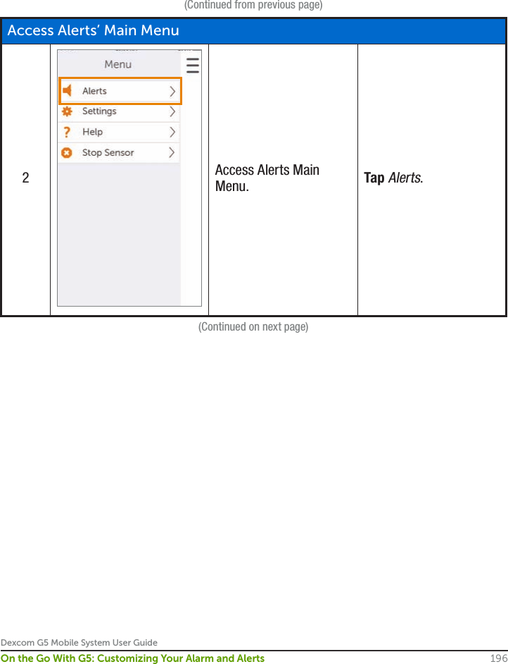 Dexcom G5 Mobile System User Guide196On the Go With G5: Customizing Your Alarm and Alerts(Continued from previous page)Access Alerts’ Main Menu2Access Alerts Main Menu. Tap Alerts.(Continued on next page)