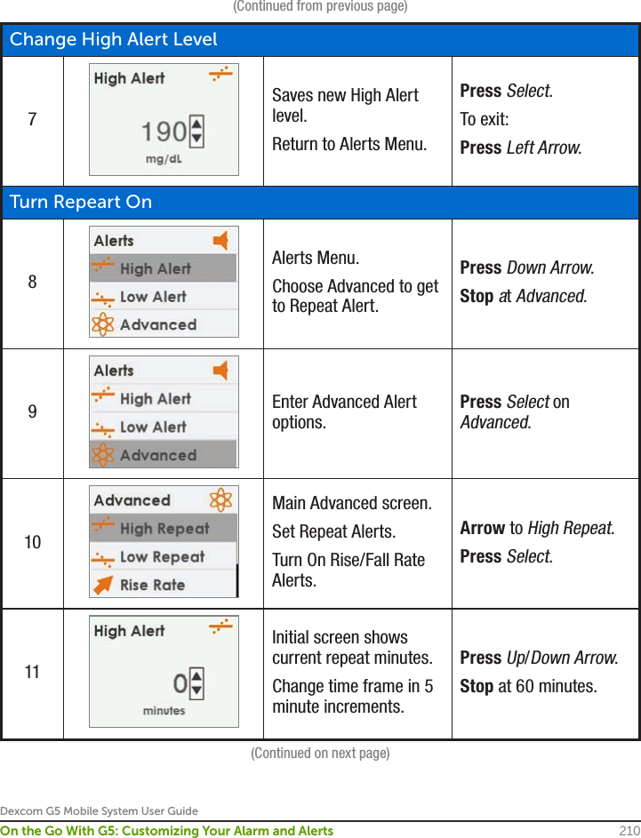 Dexcom G5 Mobile System User Guide210On the Go With G5: Customizing Your Alarm and Alerts(Continued from previous page)Change High Alert Level7Saves new High Alert level.Return to Alerts Menu.Press Select.To exit:Press Left Arrow.Turn Repeart On8Alerts Menu.Choose Advanced to get to Repeat Alert.Press Down Arrow.Stop at Advanced.9Enter Advanced Alert options.Press Select on Advanced.10Main Advanced screen.Set Repeat Alerts.Turn On Rise/Fall Rate Alerts.Arrow to High Repeat.Press Select.11Initial screen shows current repeat minutes.Change time frame in 5 minute increments.Press Up/Down Arrow.Stop at 60 minutes.(Continued on next page)