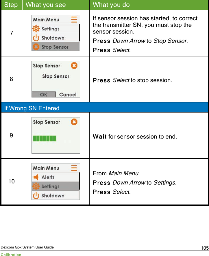 Dexcom G5x System User Guide Calibration 105 Step What you see What you do 7  If sensor session has started, to correct the transmitter SN, you must stop the sensor session. Press Down Arrow to Stop Sensor. Press Select. 8  Press Select to stop session. If Wrong SN Entered 9  Wait for sensor session to end. 10  From Main Menu: Press Down Arrow to Settings. Press Select. PDF compression, OCR, web optimization using a watermarked evaluation copy of CVISION PDFCompressor