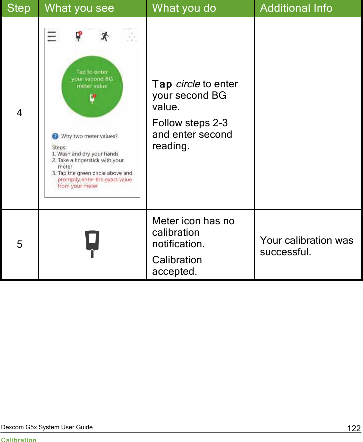  Dexcom G5x System User Guide Calibration 122 Step What you see What you do Additional Info 4  Tap circle to enter your second BG value. Follow steps 2-3 and enter second reading.  5  Meter icon has no calibration notification. Calibration accepted. Your calibration was successful.  PDF compression, OCR, web optimization using a watermarked evaluation copy of CVISION PDFCompressor