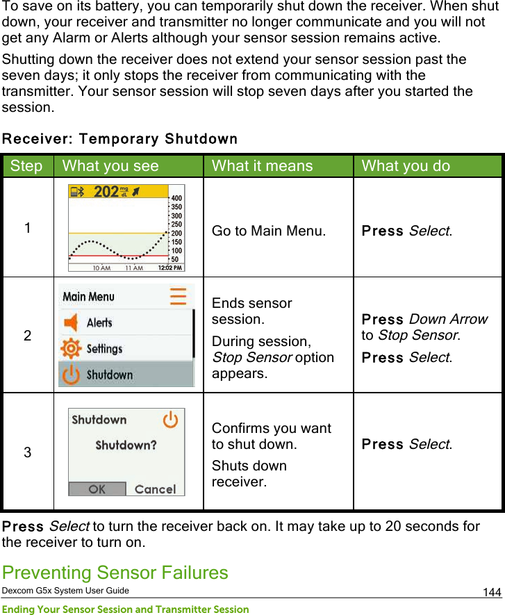  Dexcom G5x System User Guide Ending Your Sensor Session and Transmitter Session 144 To save on its battery, you can temporarily shut down the receiver. When shut down, your receiver and transmitter no longer communicate and you will not get any Alarm or Alerts although your sensor session remains active. Shutting down the receiver does not extend your sensor session past the seven days; it only stops the receiver from communicating with the transmitter. Your sensor session will stop seven days after you started the session. Receiver: Temporary Shutdown Step What you see What it means What you do 1  Go to Main Menu. Press Select. 2  Ends sensor session. During session, Stop Sensor option appears. Press Down Arrow to Stop Sensor. Press Select. 3  Confirms you want to shut down. Shuts down receiver. Press Select.  Press Select to turn the receiver back on. It may take up to 20 seconds for the receiver to turn on. Preventing Sensor Failures PDF compression, OCR, web optimization using a watermarked evaluation copy of CVISION PDFCompressor