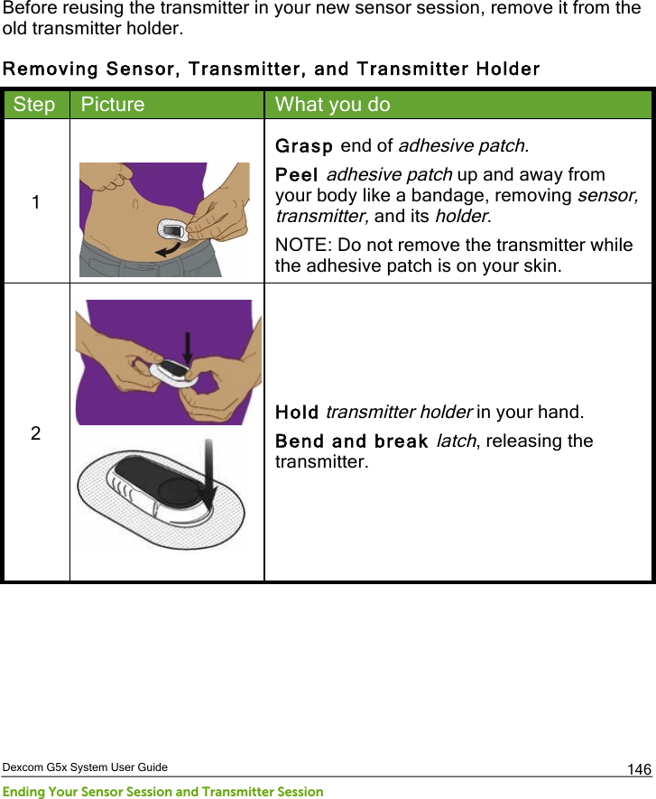  Dexcom G5x System User Guide Ending Your Sensor Session and Transmitter Session 146 Before reusing the transmitter in your new sensor session, remove it from the old transmitter holder. Removing Sensor, Transmitter, and Transmitter Holder Step Picture What you do 1   Grasp end of adhesive patch. Peel adhesive patch up and away from your body like a bandage, removing sensor, transmitter, and its holder. NOTE: Do not remove the transmitter while the adhesive patch is on your skin. 2    Hold transmitter holder in your hand. Bend and break latch, releasing the transmitter. PDF compression, OCR, web optimization using a watermarked evaluation copy of CVISION PDFCompressor