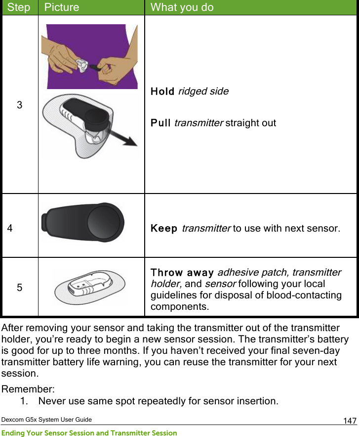  Dexcom G5x System User Guide Ending Your Sensor Session and Transmitter Session 147 Step Picture What you do 3     Hold ridged side   Pull transmitter straight out 4   Keep transmitter to use with next sensor. 5  Throw away adhesive patch, transmitter holder, and sensor following your local guidelines for disposal of blood-contacting components. After removing your sensor and taking the transmitter out of the transmitter holder, you’re ready to begin a new sensor session. The transmitter’s battery is good for up to three months. If you haven’t received your final seven-day transmitter battery life warning, you can reuse the transmitter for your next session.  Remember: 1. Never use same spot repeatedly for sensor insertion. PDF compression, OCR, web optimization using a watermarked evaluation copy of CVISION PDFCompressor