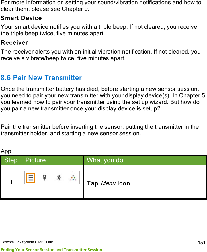  Dexcom G5x System User Guide Ending Your Sensor Session and Transmitter Session 151 For more information on setting your sound/vibration notifications and how to clear them, please see Chapter 9. Smart Device Your smart device notifies you with a triple beep. If not cleared, you receive the triple beep twice, five minutes apart.  Receiver The receiver alerts you with an initial vibration notification. If not cleared, you receive a vibrate/beep twice, five minutes apart.   8.6 Pair New Transmitter Once the transmitter battery has died, before starting a new sensor session, you need to pair your new transmitter with your display device(s). In Chapter 5 you learned how to pair your transmitter using the set up wizard. But how do you pair a new transmitter once your display device is setup?  Pair the transmitter before inserting the sensor, putting the transmitter in the transmitter holder, and starting a new sensor session.   App Step Picture What you do 1   Tap Menu icon PDF compression, OCR, web optimization using a watermarked evaluation copy of CVISION PDFCompressor