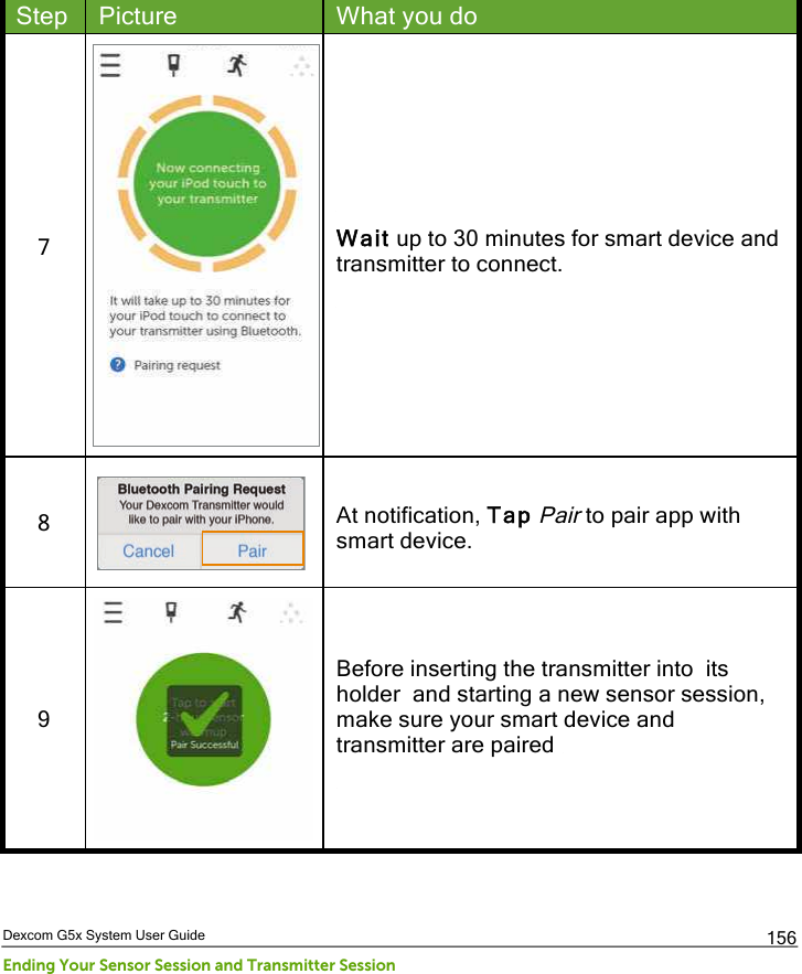  Dexcom G5x System User Guide Ending Your Sensor Session and Transmitter Session 156 Step Picture What you do 7   Wait up to 30 minutes for smart device and transmitter to connect.  8  At notification, Tap Pair to pair app with smart device.  9  Before inserting the transmitter into  its holder  and starting a new sensor session, make sure your smart device and transmitter are paired     PDF compression, OCR, web optimization using a watermarked evaluation copy of CVISION PDFCompressor