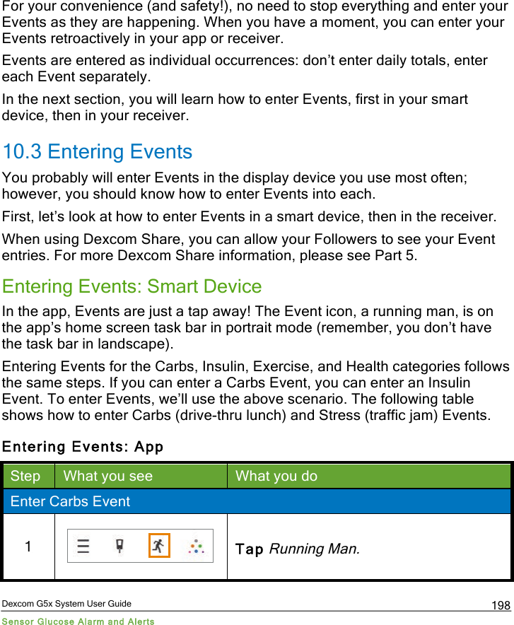 Dexcom G5x System User Guide Sensor Glucose Alarm and Alerts 198 For your convenience (and safety!), no need to stop everything and enter your Events as they are happening. When you have a moment, you can enter your Events retroactively in your app or receiver.  Events are entered as individual occurrences: don’t enter daily totals, enter each Event separately. In the next section, you will learn how to enter Events, first in your smart device, then in your receiver. 10.3 Entering Events You probably will enter Events in the display device you use most often; however, you should know how to enter Events into each. First, let’s look at how to enter Events in a smart device, then in the receiver.  When using Dexcom Share, you can allow your Followers to see your Event entries. For more Dexcom Share information, please see Part 5. Entering Events: Smart Device In the app, Events are just a tap away! The Event icon, a running man, is on the app’s home screen task bar in portrait mode (remember, you don’t have the task bar in landscape). Entering Events for the Carbs, Insulin, Exercise, and Health categories follows the same steps. If you can enter a Carbs Event, you can enter an Insulin Event. To enter Events, we’ll use the above scenario. The following table shows how to enter Carbs (drive-thru lunch) and Stress (traffic jam) Events.  Entering Events: App Step What you see What you do Enter Carbs Event 1   Tap Running Man. PDF compression, OCR, web optimization using a watermarked evaluation copy of CVISION PDFCompressor