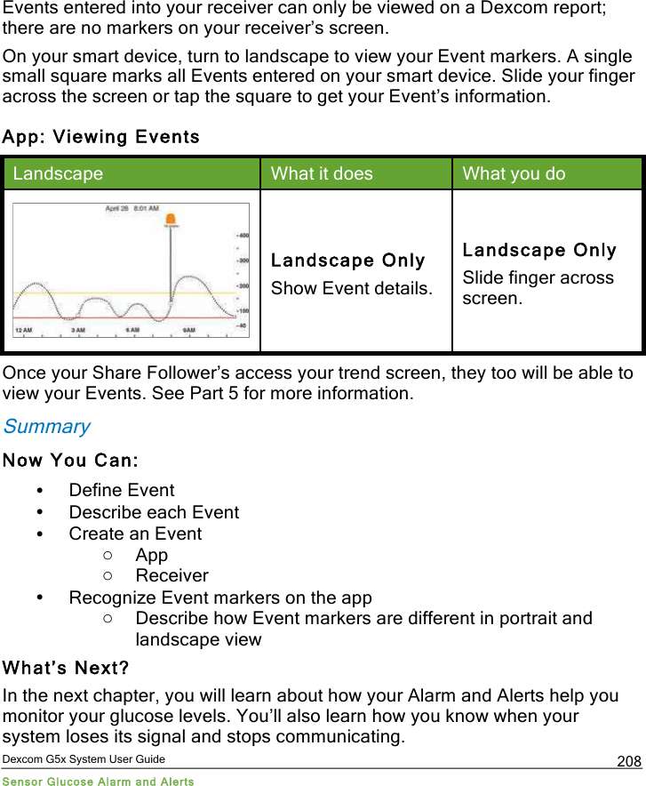  Dexcom G5x System User Guide Sensor Glucose Alarm and Alerts 208 Events entered into your receiver can only be viewed on a Dexcom report; there are no markers on your receiver’s screen.  On your smart device, turn to landscape to view your Event markers. A single small square marks all Events entered on your smart device. Slide your finger across the screen or tap the square to get your Event’s information. App: Viewing Events Landscape What it does What you do  Landscape Only Show Event details. Landscape Only Slide finger across screen. Once your Share Follower’s access your trend screen, they too will be able to view your Events. See Part 5 for more information. Summary Now You Can: • Define Event • Describe each Event • Create an Event o App o Receiver • Recognize Event markers on the app o Describe how Event markers are different in portrait and landscape view What’s Next? In the next chapter, you will learn about how your Alarm and Alerts help you monitor your glucose levels. You’ll also learn how you know when your system loses its signal and stops communicating. PDF compression, OCR, web optimization using a watermarked evaluation copy of CVISION PDFCompressor