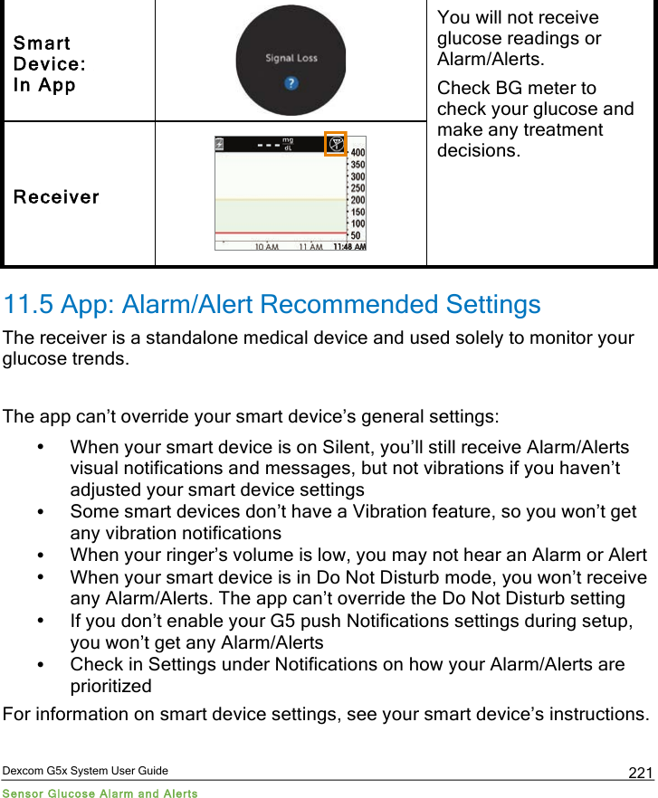  Dexcom G5x System User Guide Sensor Glucose Alarm and Alerts 221 Smart Device:  In App  You will not receive glucose readings or Alarm/Alerts. Check BG meter to check your glucose and make any treatment decisions. Receiver   11.5 App: Alarm/Alert Recommended Settings The receiver is a standalone medical device and used solely to monitor your glucose trends.   The app can’t override your smart device’s general settings:  • When your smart device is on Silent, you’ll still receive Alarm/Alerts visual notifications and messages, but not vibrations if you haven’t adjusted your smart device settings  • Some smart devices don’t have a Vibration feature, so you won’t get any vibration notifications • When your ringer’s volume is low, you may not hear an Alarm or Alert • When your smart device is in Do Not Disturb mode, you won’t receive any Alarm/Alerts. The app can’t override the Do Not Disturb setting • If you don’t enable your G5 push Notifications settings during setup, you won’t get any Alarm/Alerts • Check in Settings under Notifications on how your Alarm/Alerts are prioritized For information on smart device settings, see your smart device’s instructions. PDF compression, OCR, web optimization using a watermarked evaluation copy of CVISION PDFCompressor
