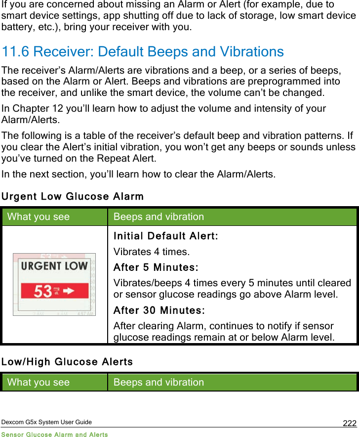  Dexcom G5x System User Guide Sensor Glucose Alarm and Alerts 222 If you are concerned about missing an Alarm or Alert (for example, due to smart device settings, app shutting off due to lack of storage, low smart device battery, etc.), bring your receiver with you. 11.6 Receiver: Default Beeps and Vibrations The receiver’s Alarm/Alerts are vibrations and a beep, or a series of beeps, based on the Alarm or Alert. Beeps and vibrations are preprogrammed into the receiver, and unlike the smart device, the volume can’t be changed.  In Chapter 12 you’ll learn how to adjust the volume and intensity of your Alarm/Alerts. The following is a table of the receiver’s default beep and vibration patterns. If you clear the Alert’s initial vibration, you won’t get any beeps or sounds unless you’ve turned on the Repeat Alert. In the next section, you’ll learn how to clear the Alarm/Alerts. Urgent Low Glucose Alarm What you see Beeps and vibration  Initial Default Alert:  Vibrates 4 times. After 5 Minutes: Vibrates/beeps 4 times every 5 minutes until cleared or sensor glucose readings go above Alarm level. After 30 Minutes: After clearing Alarm, continues to notify if sensor glucose readings remain at or below Alarm level. Low/High Glucose Alerts What you see Beeps and vibration PDF compression, OCR, web optimization using a watermarked evaluation copy of CVISION PDFCompressor