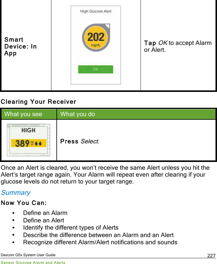  Dexcom G5x System User Guide Sensor Glucose Alarm and Alerts 227 Smart Device: In App  Tap OK to accept Alarm or Alert. Clearing Your Receiver What you see What you do  Press Select. Once an Alert is cleared, you won’t receive the same Alert unless you hit the Alert’s target range again. Your Alarm will repeat even after clearing if your glucose levels do not return to your target range. Summary Now You Can: • Define an Alarm  • Define an Alert • Identify the different types of Alerts • Describe the difference between an Alarm and an Alert • Recognize different Alarm/Alert notifications and sounds PDF compression, OCR, web optimization using a watermarked evaluation copy of CVISION PDFCompressor