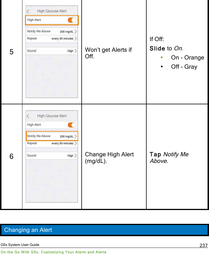  G5x System User Guide On the Go With G5x: Customizing Your Alarm and Alerts 237 5  Won’t get Alerts if Off. If Off:  Slide to On. • On - Orange • Off - Gray 6  Change High Alert (mg/dL). Tap Notify Me Above.  Changing an Alert PDF compression, OCR, web optimization using a watermarked evaluation copy of CVISION PDFCompressor