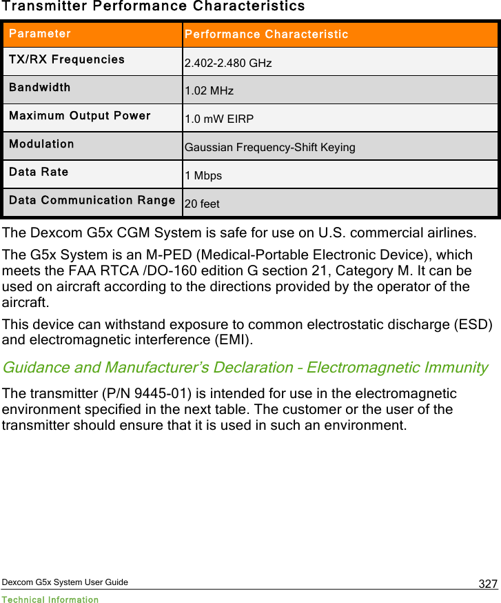  Dexcom G5x System User Guide Technical Information 327 Transmitter Performance Characteristics Parameter Performance Characteristic TX/RX Frequencies 2.402-2.480 GHz Bandwidth 1.02 MHz Maximum Output Power 1.0 mW EIRP Modulation Gaussian Frequency-Shift Keying Data Rate 1 Mbps Data Communication Range 20 feet The Dexcom G5x CGM System is safe for use on U.S. commercial airlines.  The G5x System is an M-PED (Medical-Portable Electronic Device), which meets the FAA RTCA /DO-160 edition G section 21, Category M. It can be used on aircraft according to the directions provided by the operator of the aircraft. This device can withstand exposure to common electrostatic discharge (ESD) and electromagnetic interference (EMI). Guidance and Manufacturer’s Declaration – Electromagnetic Immunity The transmitter (P/N 9445-01) is intended for use in the electromagnetic environment specified in the next table. The customer or the user of the transmitter should ensure that it is used in such an environment.    PDF compression, OCR, web optimization using a watermarked evaluation copy of CVISION PDFCompressor