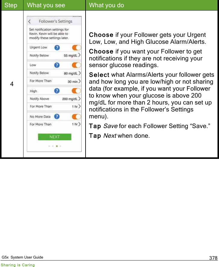   G5x  System User Guide Sharing is Caring 378 Step What you see What you do 4  Choose if your Follower gets your Urgent Low, Low, and High Glucose Alarm/Alerts. Choose if you want your Follower to get notifications if they are not receiving your sensor glucose readings. Select what Alarms/Alerts your follower gets and how long you are low/high or not sharing data (for example, if you want your Follower to know when your glucose is above 200 mg/dL for more than 2 hours, you can set up notifications in the Follower’s Settings menu). Tap Save for each Follower Setting “Save.” Tap Next when done. PDF compression, OCR, web optimization using a watermarked evaluation copy of CVISION PDFCompressor