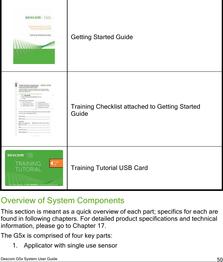  Dexcom G5x System User Guide  50  Getting Started Guide  Training Checklist attached to Getting Started Guide  Training Tutorial USB Card Overview of System Components This section is meant as a quick overview of each part; specifics for each are found in following chapters. For detailed product specifications and technical information, please go to Chapter 17. The G5x is comprised of four key parts: 1. Applicator with single use sensor PDF compression, OCR, web optimization using a watermarked evaluation copy of CVISION PDFCompressor