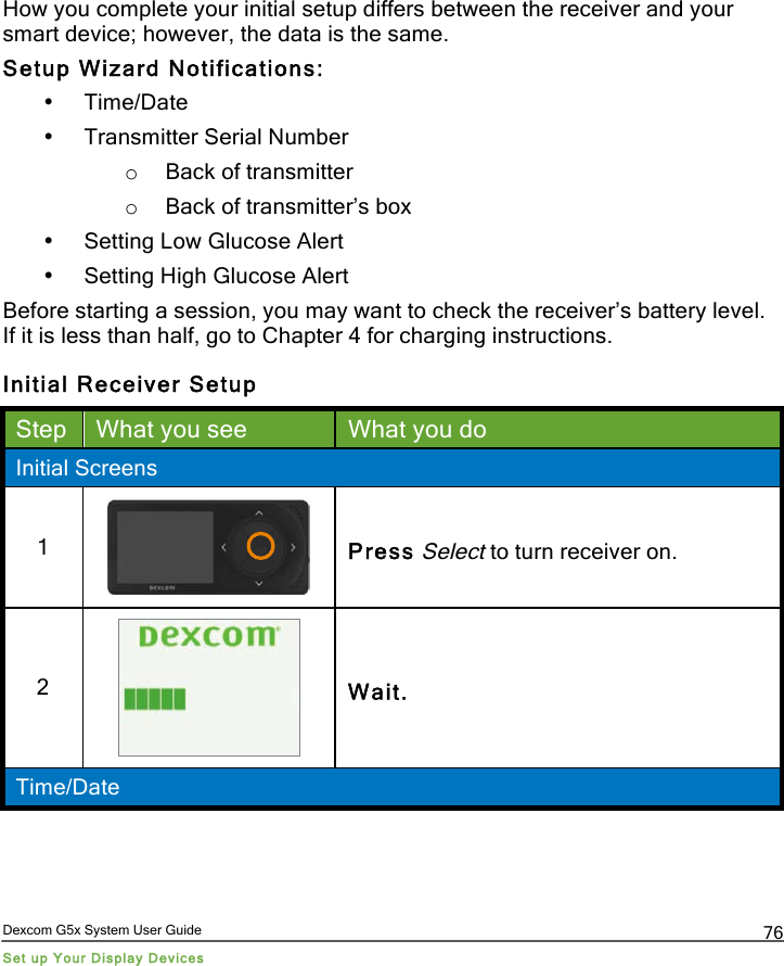 Dexcom G5x System User Guide Set up Your Display Devices 76 How you complete your initial setup differs between the receiver and your smart device; however, the data is the same. Setup Wizard Notifications: • Time/Date • Transmitter Serial Number o Back of transmitter o Back of transmitter’s box • Setting Low Glucose Alert • Setting High Glucose Alert Before starting a session, you may want to check the receiver’s battery level. If it is less than half, go to Chapter 4 for charging instructions. Initial Receiver Setup Step What you see What you do Initial Screens 1  Press Select to turn receiver on. 2  Wait. Time/Date PDF compression, OCR, web optimization using a watermarked evaluation copy of CVISION PDFCompressor