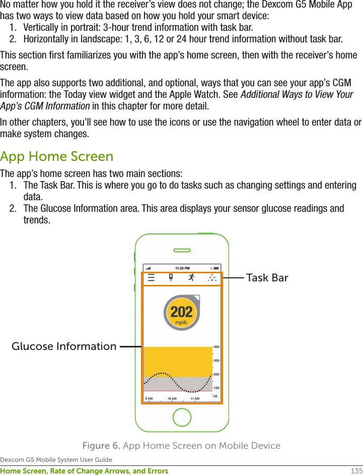 135Dexcom G5 Mobile System User GuideHome Screen, Rate of Change Arrows, and ErrorsNo matter how you hold it the receiver’s view does not change; the Dexcom G5 Mobile App has two ways to view data based on how you hold your smart device:1.  Vertically in portrait: 3-hour trend information with task bar.2.  Horizontally in landscape: 1, 3, 6, 12 or 24 hour trend information without task bar.This section first familiarizes you with the app’s home screen, then with the receiver’s home screen. The app also supports two additional, and optional, ways that you can see your app’s CGM information: the Today view widget and the Apple Watch. See Additional Ways to View Your App’s CGM Information in this chapter for more detail. In other chapters, you’ll see how to use the icons or use the navigation wheel to enter data or make system changes. App Home ScreenThe app’s home screen has two main sections:1.  The Task Bar. This is where you go to do tasks such as changing settings and entering data.2.  The Glucose Information area. This area displays your sensor glucose readings and trends.Figure 6. App Home Screen on Mobile DeviceTask BarGlucose Information