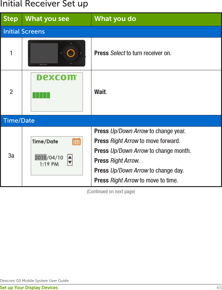 65Dexcom G5 Mobile System User GuideSet up Your Display DevicesInitial Receiver Set upStep What you see What you doInitial Screens1Press Select to turn receiver on.2Wait.Time/Date3aPress Up/Down Arrow to change year.Press Right Arrow to move forward.Press Up/Down Arrow to change month.Press Right Arrow.Press Up/Down Arrow to change day.Press Right Arrow to move to time.(Continued on next page)
