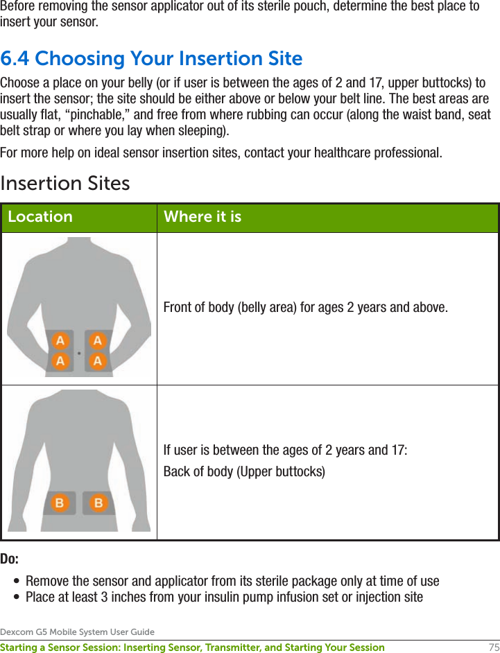 75Dexcom G5 Mobile System User GuideStarting a Sensor Session: Inserting Sensor, Transmitter, and Starting Your SessionBefore removing the sensor applicator out of its sterile pouch, determine the best place to insert your sensor.6.4 Choosing Your Insertion SiteChoose a place on your belly (or if user is between the ages of 2 and 17, upper buttocks) to insert the sensor; the site should be either above or below your belt line. The best areas are usually flat, “pinchable,” and free from where rubbing can occur (along the waist band, seat belt strap or where you lay when sleeping).For more help on ideal sensor insertion sites, contact your healthcare professional.Insertion SitesLocation Where it isFront of body (belly area) for ages 2 years and above.If user is between the ages of 2 years and 17:Back of body (Upper buttocks)Do:•  Remove the sensor and applicator from its sterile package only at time of use•  Place at least 3 inches from your insulin pump infusion set or injection site