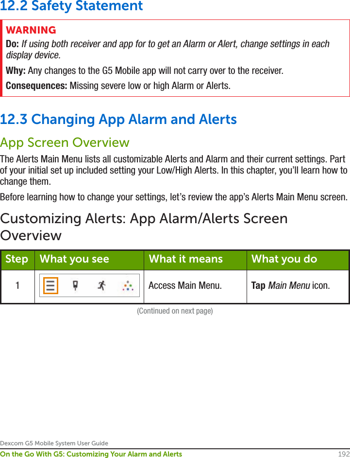 Dexcom G5 Mobile System User Guide192On the Go With G5: Customizing Your Alarm and Alerts12.2 Safety StatementWARNINGDo: If using both receiver and app for to get an Alarm or Alert, change settings in each display device.Why: Any changes to the G5 Mobile app will not carry over to the receiver.Consequences: Missing severe low or high Alarm or Alerts.12.3 Changing App Alarm and AlertsApp Screen OverviewThe Alerts Main Menu lists all customizable Alerts and Alarm and their current settings. Part of your initial set up included setting your Low/High Alerts. In this chapter, you’ll learn how to change them.Before learning how to change your settings, let’s review the app’s Alerts Main Menu screen.Customizing Alerts: App Alarm/Alerts Screen OverviewStep What you see What it means What you do1 Access Main Menu. Tap Main Menu icon.(Continued on next page)