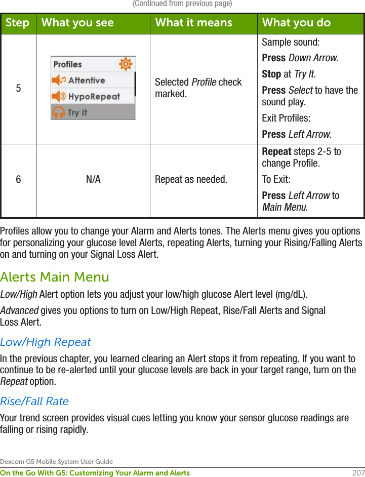 207Dexcom G5 Mobile System User GuideOn the Go With G5: Customizing Your Alarm and Alerts(Continued from previous page)Step What you see What it means What you do5Selected Profile check marked.Sample sound:Press Down Arrow.Stop at Try It.Press Select to have the sound play.Exit Profiles:Press Left Arrow.6N/A Repeat as needed.Repeat steps 2-5 to change Profile.To Exit: Press Left Arrow to Main Menu.Profiles allow you to change your Alarm and Alerts tones. The Alerts menu gives you options for personalizing your glucose level Alerts, repeating Alerts, turning your Rising/Falling Alerts on and turning on your Signal Loss Alert.Alerts Main MenuLow/High Alert option lets you adjust your low/high glucose Alert level (mg/dL).Advanced gives you options to turn on Low/High Repeat, Rise/Fall Alerts and Signal Loss Alert.Low/High RepeatIn the previous chapter, you learned clearing an Alert stops it from repeating. If you want to continue to be re-alerted until your glucose levels are back in your target range, turn on the Repeat option. Rise/Fall RateYour trend screen provides visual cues letting you know your sensor glucose readings are falling or rising rapidly. 