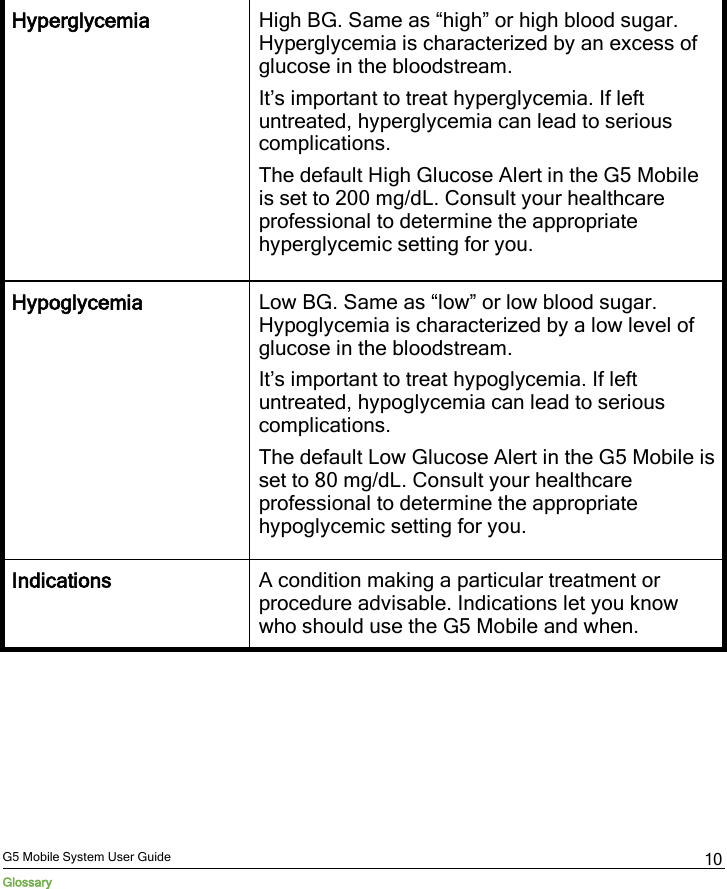  G5 Mobile System User Guide Glossary 10 Hyperglycemia High BG. Same as “high” or high blood sugar. Hyperglycemia is characterized by an excess of glucose in the bloodstream. It’s important to treat hyperglycemia. If left untreated, hyperglycemia can lead to serious complications. The default High Glucose Alert in the G5 Mobile is set to 200 mg/dL. Consult your healthcare professional to determine the appropriate hyperglycemic setting for you. Hypoglycemia Low BG. Same as “low” or low blood sugar. Hypoglycemia is characterized by a low level of glucose in the bloodstream.  It’s important to treat hypoglycemia. If left untreated, hypoglycemia can lead to serious complications. The default Low Glucose Alert in the G5 Mobile is set to 80 mg/dL. Consult your healthcare professional to determine the appropriate hypoglycemic setting for you. Indications A condition making a particular treatment or procedure advisable. Indications let you know who should use the G5 Mobile and when. 