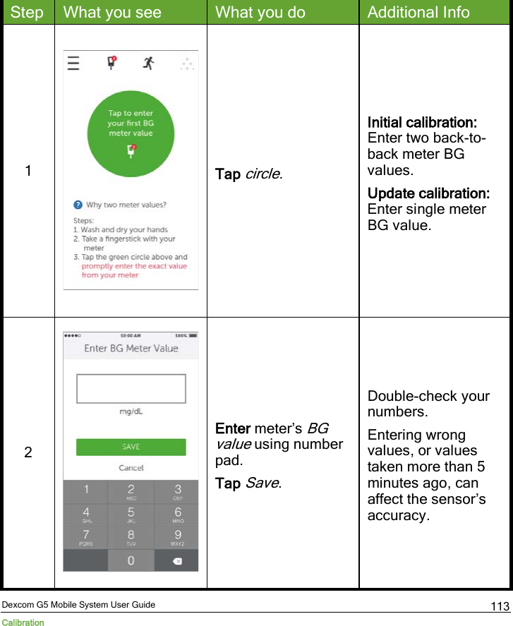  Dexcom G5 Mobile System User Guide Calibration 113 Step What you see What you do Additional Info 1   Tap circle.  Initial calibration: Enter two back-to-back meter BG values. Update calibration: Enter single meter BG value. 2  Enter meter’s BG value using number pad.  Tap Save. Double-check your numbers. Entering wrong values, or values taken more than 5 minutes ago, can affect the sensor’s accuracy. 