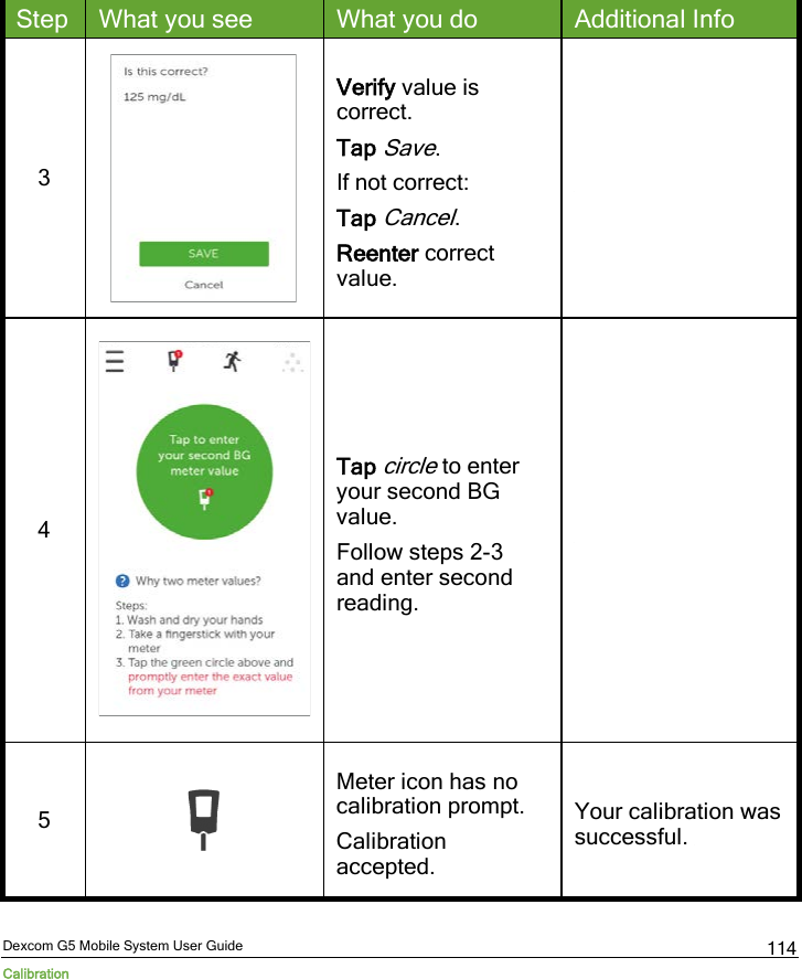  Dexcom G5 Mobile System User Guide Calibration 114 Step What you see What you do Additional Info 3  Verify value is correct. Tap Save. If not correct: Tap Cancel. Reenter correct value.  4  Tap circle to enter your second BG value. Follow steps 2-3 and enter second reading.  5   Meter icon has no calibration prompt. Calibration accepted. Your calibration was successful.  