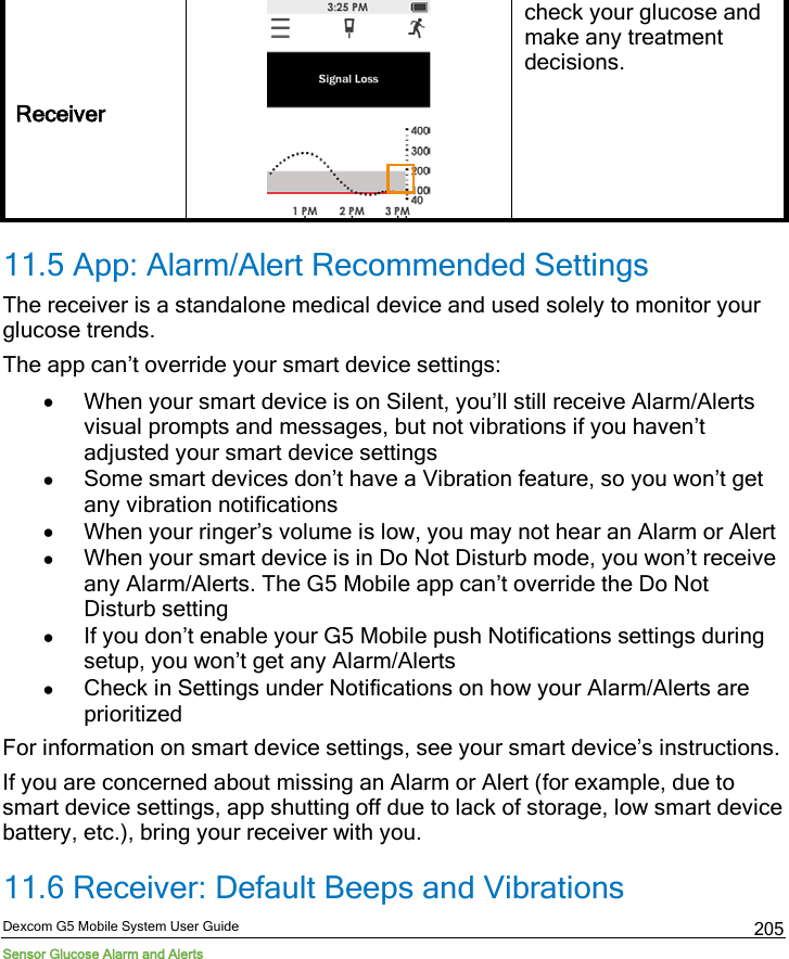  Dexcom G5 Mobile System User Guide Sensor Glucose Alarm and Alerts 205 Receiver   check your glucose and make any treatment decisions. 11.5 App: Alarm/Alert Recommended Settings The receiver is a standalone medical device and used solely to monitor your glucose trends.  The app can’t override your smart device settings:  • When your smart device is on Silent, you’ll still receive Alarm/Alerts visual prompts and messages, but not vibrations if you haven’t adjusted your smart device settings  • Some smart devices don’t have a Vibration feature, so you won’t get any vibration notifications • When your ringer’s volume is low, you may not hear an Alarm or Alert • When your smart device is in Do Not Disturb mode, you won’t receive any Alarm/Alerts. The G5 Mobile app can’t override the Do Not Disturb setting • If you don’t enable your G5 Mobile push Notifications settings during setup, you won’t get any Alarm/Alerts • Check in Settings under Notifications on how your Alarm/Alerts are prioritized For information on smart device settings, see your smart device’s instructions. If you are concerned about missing an Alarm or Alert (for example, due to smart device settings, app shutting off due to lack of storage, low smart device battery, etc.), bring your receiver with you. 11.6 Receiver: Default Beeps and Vibrations 