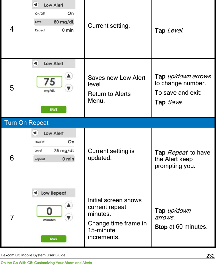  Dexcom G5 Mobile System User Guide On the Go With G5: Customizing Your Alarm and Alerts 232 4   Current setting.  Tap Level. 5   Saves new Low Alert level. Return to Alerts Menu. Tap up/down arrows to change number. To save and exit: Tap Save. Turn On Repeat 6   Current setting is updated.  Tap Repeat  to have the Alert keep prompting you.  7   Initial screen shows current repeat minutes. Change time frame in 15-minute increments. Tap up/down arrows. Stop at 60 minutes. 