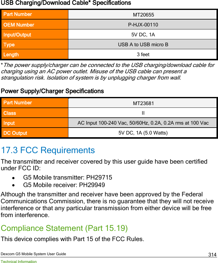  Dexcom G5 Mobile System User Guide Technical Information 314 USB Charging/Download Cable* Specifications Part Number MT20655 OEM Number P-HJX-00110 Input/Output 5V DC, 1A Type USB A to USB micro B Length 3 feet *The power supply/charger can be connected to the USB charging/download cable for charging using an AC power outlet. Misuse of the USB cable can present a strangulation risk. Isolation of system is by unplugging charger from wall. Power Supply/Charger Specifications Part Number MT23681 Class II Input AC Input 100-240 Vac, 50/60Hz, 0.2A, 0.2A rms at 100 Vac DC Output 5V DC, 1A (5.0 Watts) 17.3 FCC Requirements The transmitter and receiver covered by this user guide have been certified under FCC ID:  • G5 Mobile transmitter: PH29715 • G5 Mobile receiver: PH29949 Although the transmitter and receiver have been approved by the Federal Communications Commission, there is no guarantee that they will not receive interference or that any particular transmission from either device will be free from interference. Compliance Statement (Part 15.19) This device complies with Part 15 of the FCC Rules.  